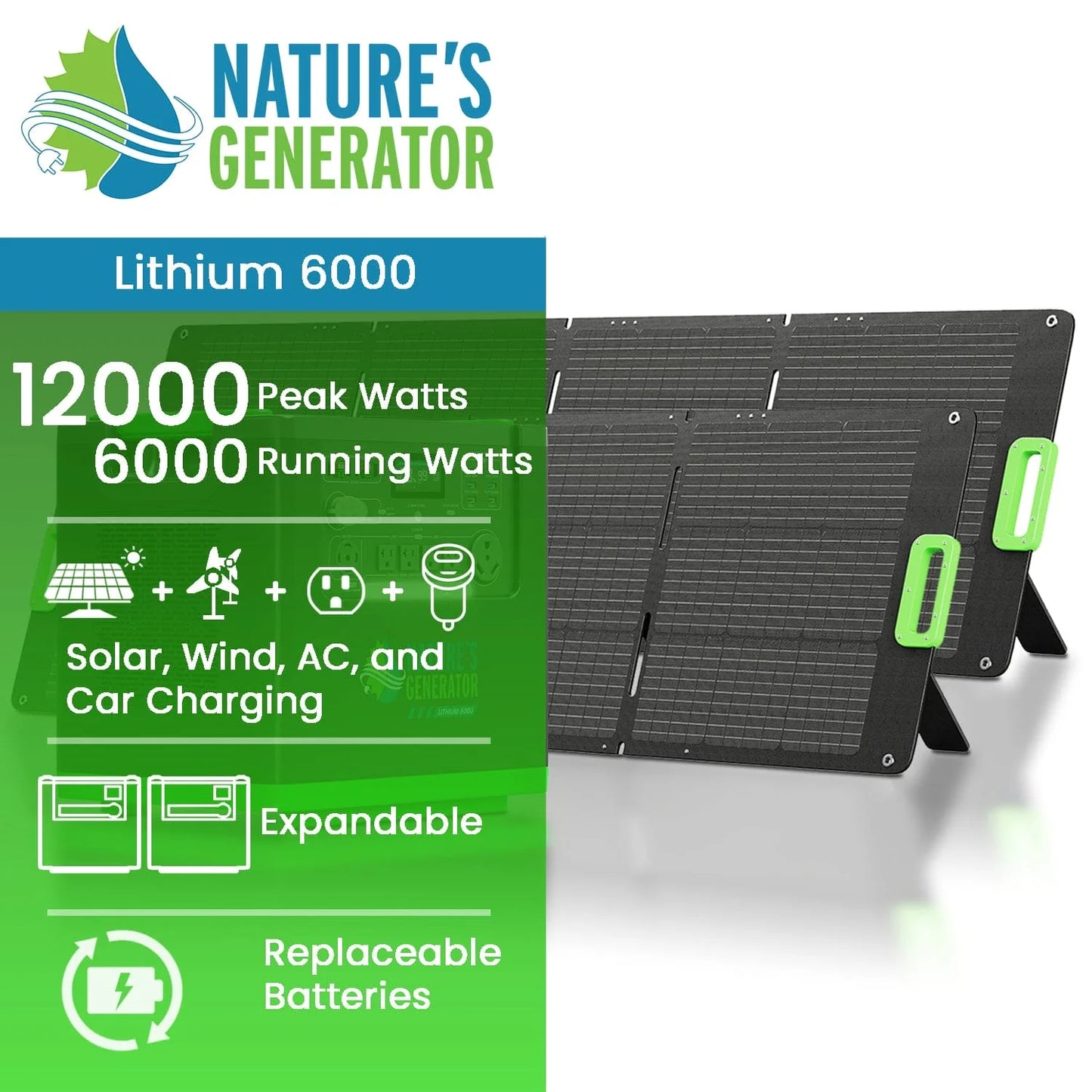 Nature's Generator Lithium 6000 with Solar Panel (2x 410 Watt Rigid Solar Panels)